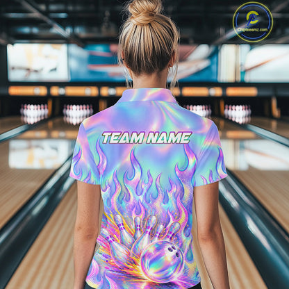 Custom Holographic Flame Bowling Shirts For Women, Bowling Team Jersey Bowling Tournament HNT647