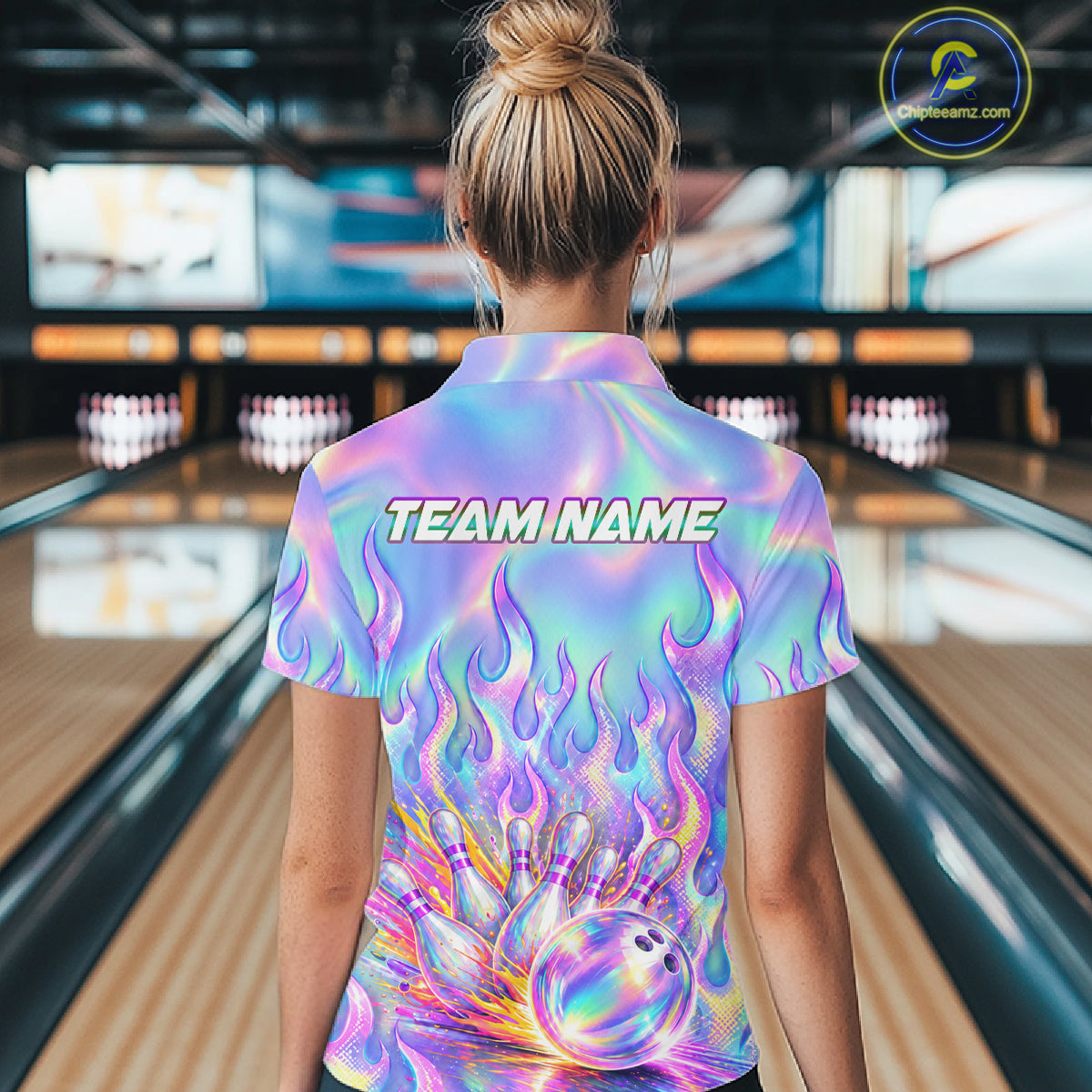 Custom Holographic Flame Bowling Shirts For Women, Bowling Team Jersey Bowling Tournament HNT647