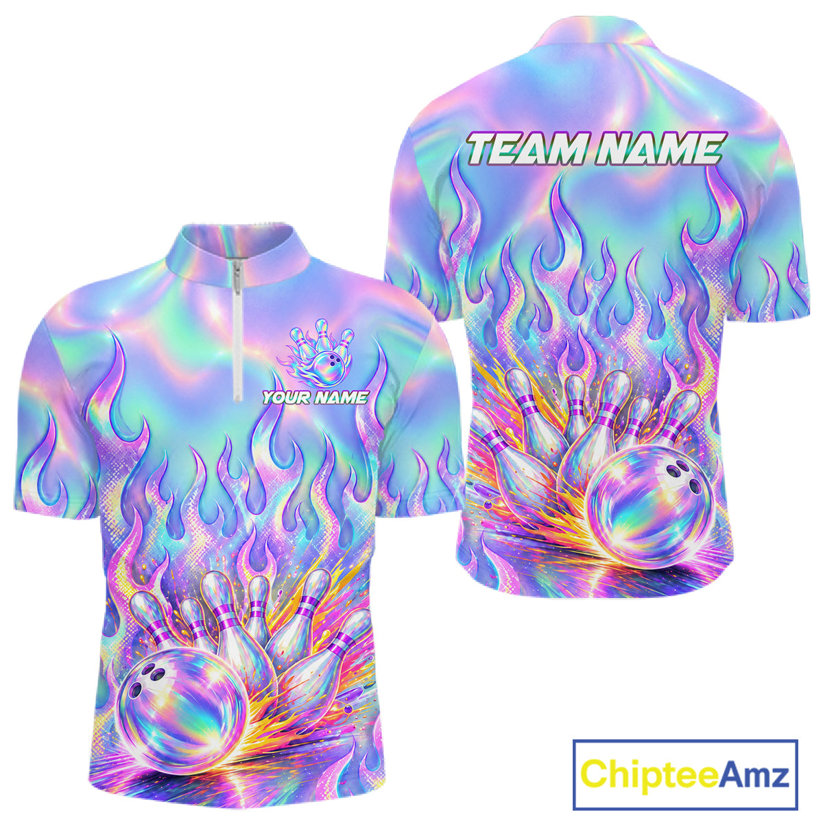 Custom Holographic Flame Bowling Shirts For Men, Bowling Team Jersey Bowling Tournament HNT647