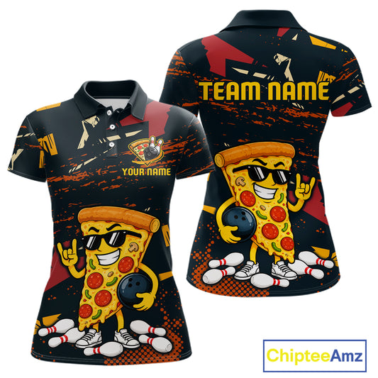 Front and back views of a black bowling polo featuring orange grunge graphics, a sunglasses-wearing pizza slice mascot, bowling pins, and custom team text.