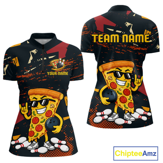 Front and back views of a black bowling quarter zip featuring orange grunge graphics, a sunglasses-wearing pizza slice mascot, bowling pins, and custom team text.