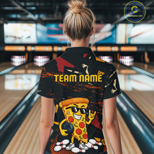 Load image into Gallery viewer, Woman wearing a black bowling quarter zip featuring orange grunge graphics, a sunglasses-wearing pizza slice mascot, bowling pins, and custom team name text.