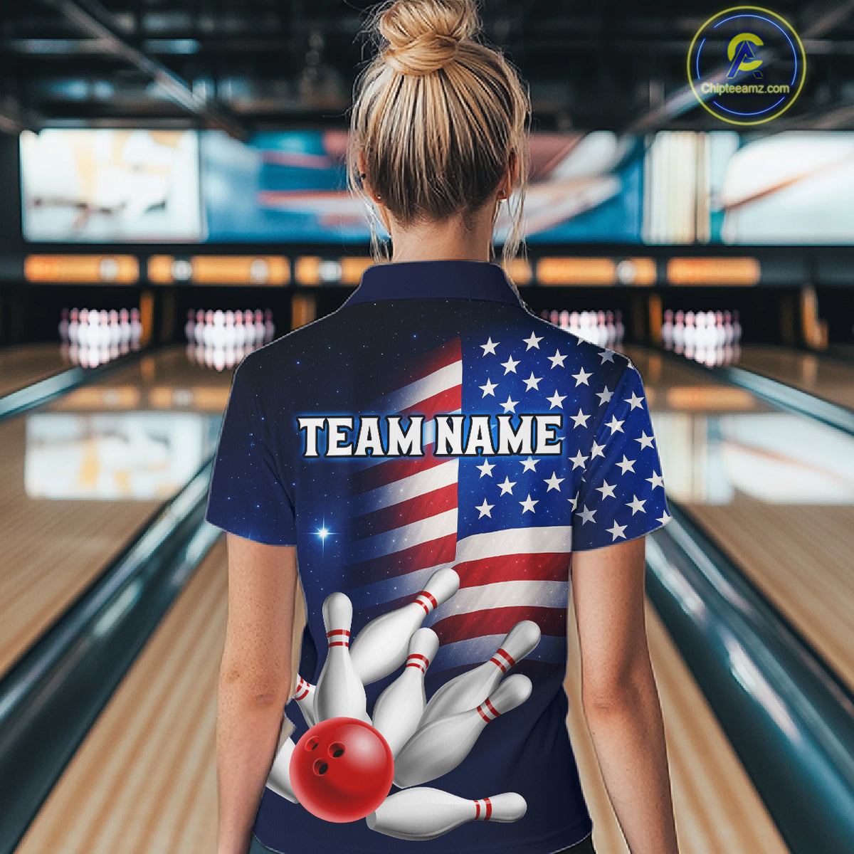 Custom US Flag Galaxy Bowling Jersey for Women Bowling Team Shirts Bowling Polo & 1/4 Zip HNT169