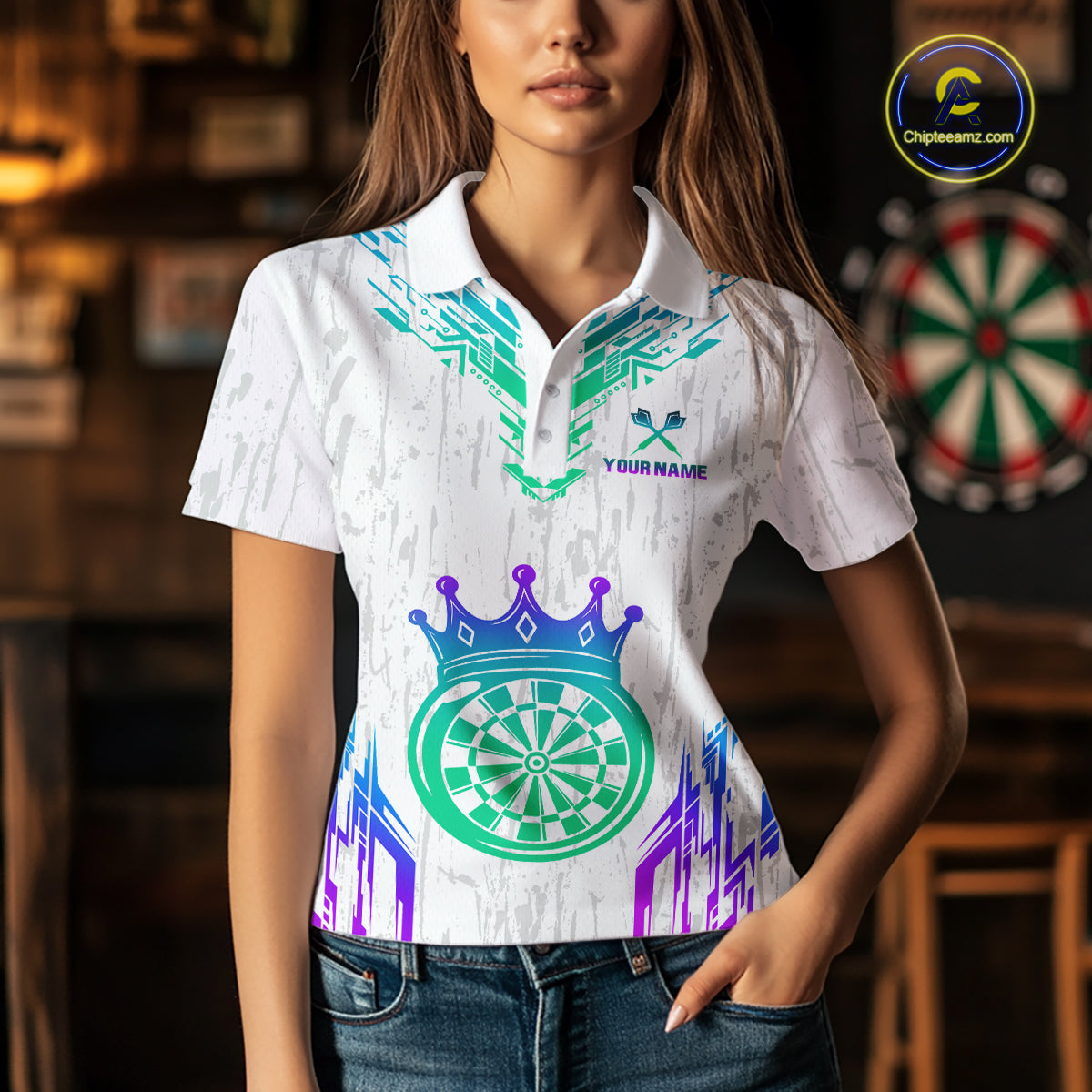 Custom Neon White Crown Dart Shirts for Women Darts Team Jerseys Dart League Polo & 1/4 Zip NNT140