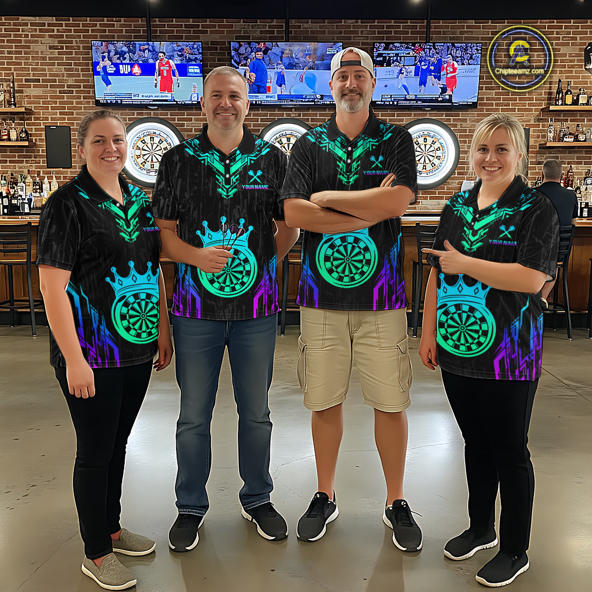 Custom Neon Black Crown Dart Shirts for Men Darts Team Jerseys Dart League Polo & 1/4 Zip NNT140