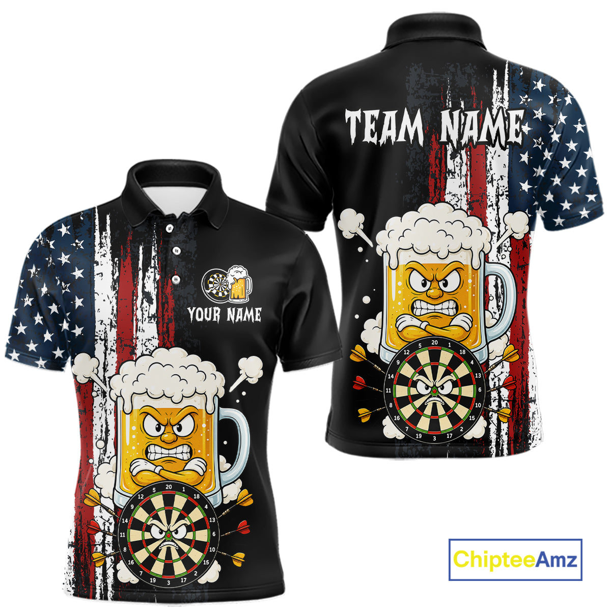 Black polo shirt with American flag design, beer mug with darts, and 'Team Name' text on a white background.