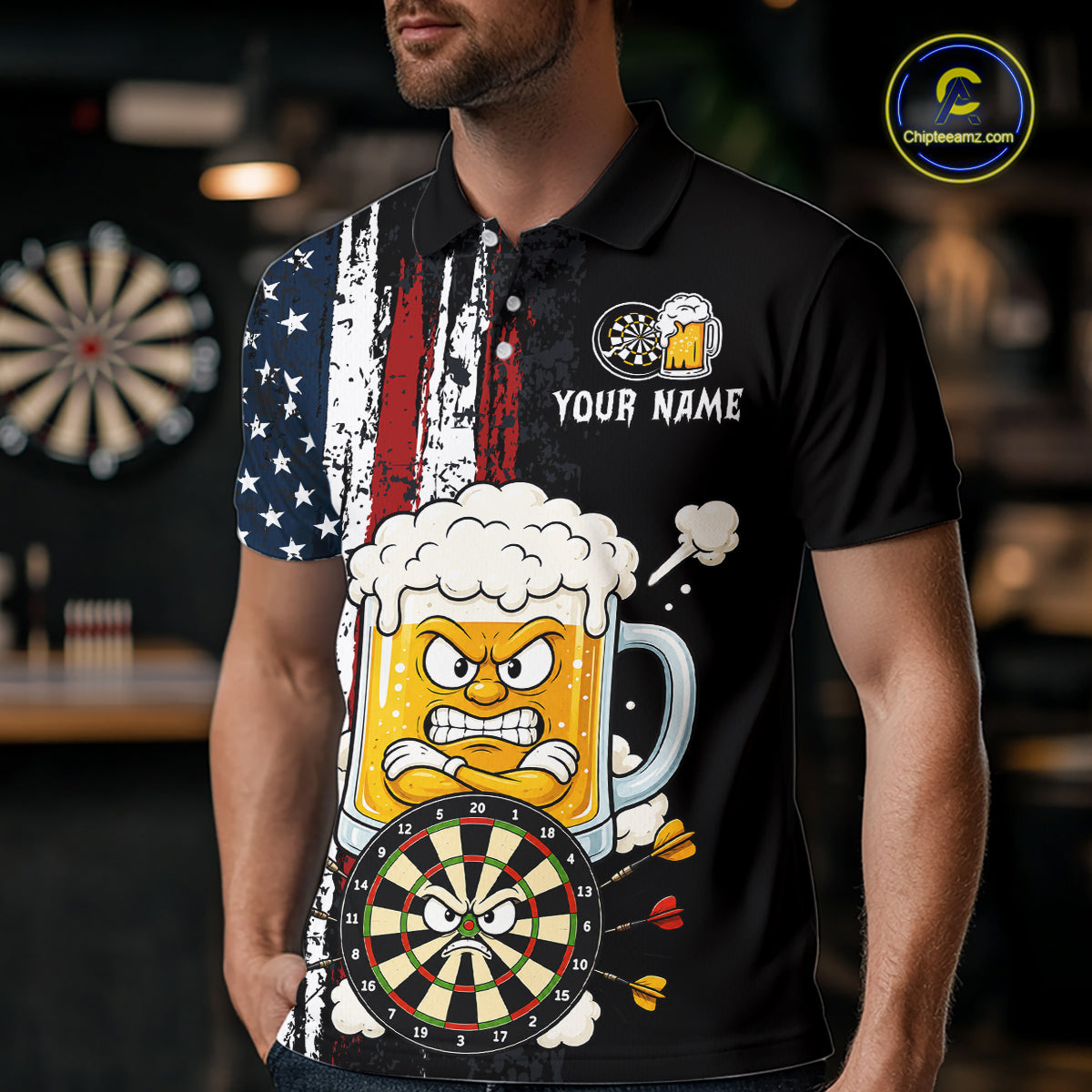 Person wearing a black t-shirt with a graphic design of a beer mug, American flag, and dartboard.
