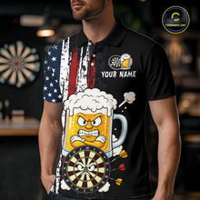 Load image into Gallery viewer, Person wearing a black t-shirt with a graphic design of a beer mug, American flag, and dartboard.