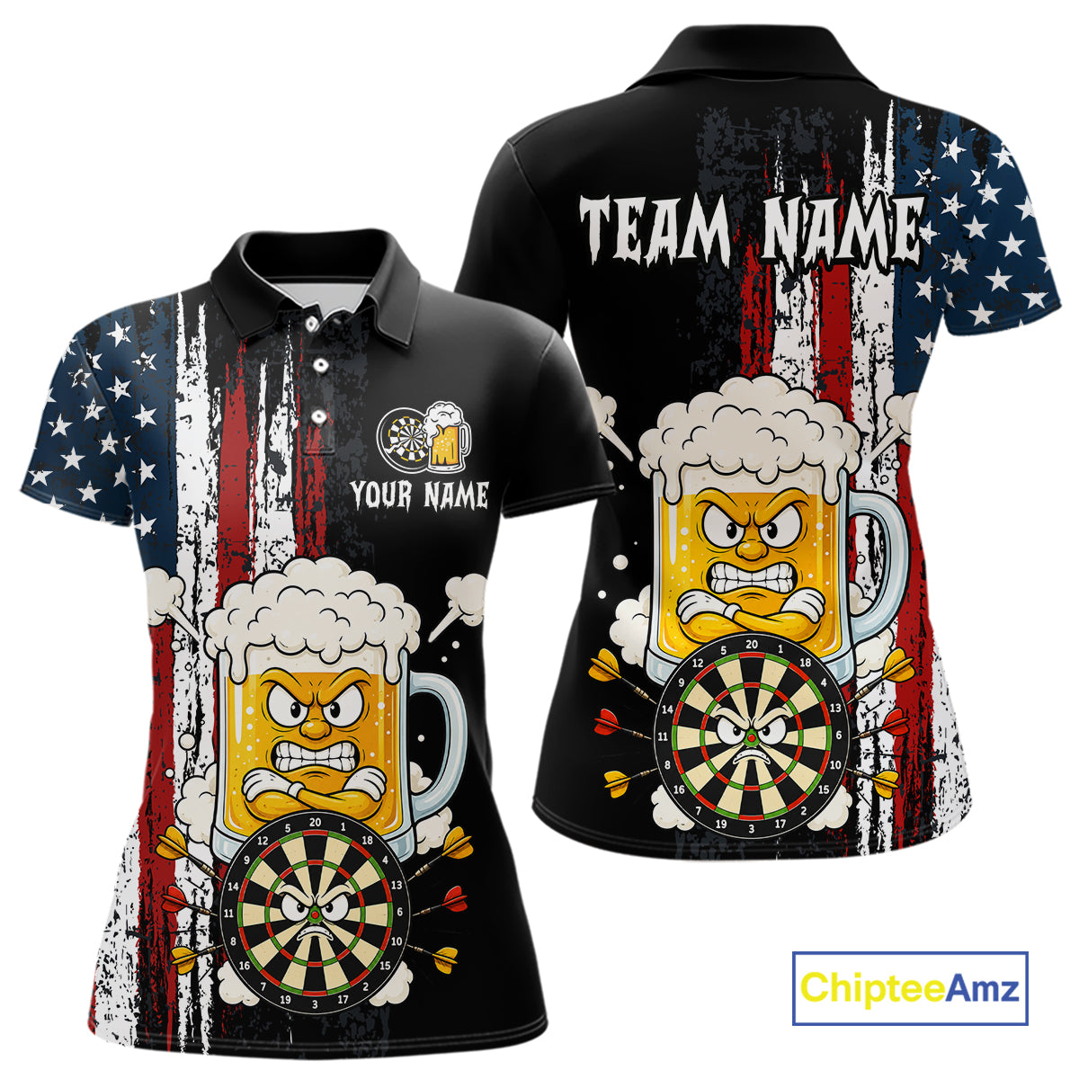 Black polo shirt with American flag design featuring beer mugs and darts, customizable text on a white background.