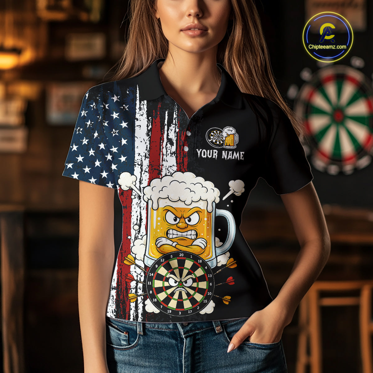 Person wearing a black polo shirt with a unique design in a bar setting