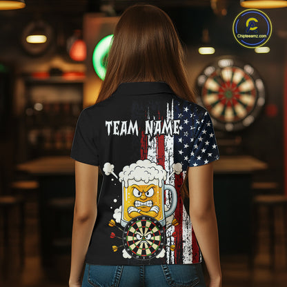 Person wearing a black shirt with a colorful graphic design in a bar setting