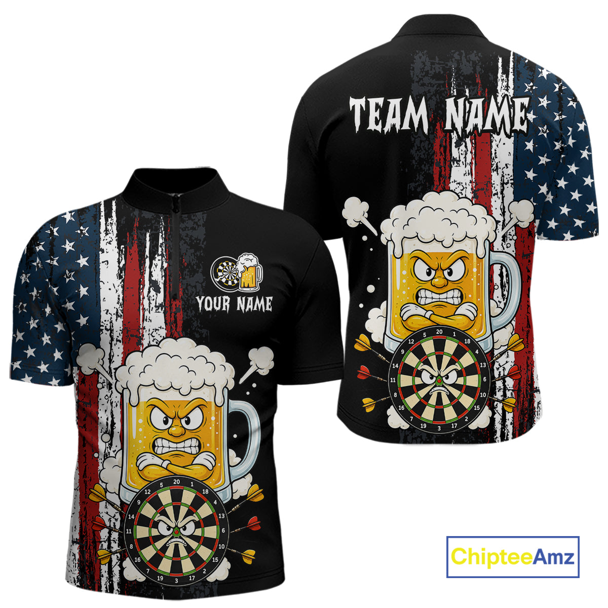 Black quarter zip shirt with American flag design featuring beer mugs and darts, customizable text on a white background.