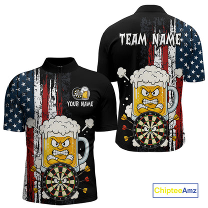 Black quarter zip shirt with American flag design featuring beer mugs and darts, customizable text on a white background.