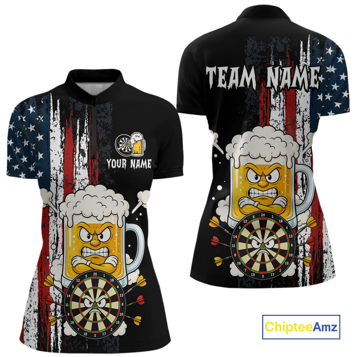 Black polo shirt with American flag design, beer mug with darts, and 'Team Name' text on a white background.