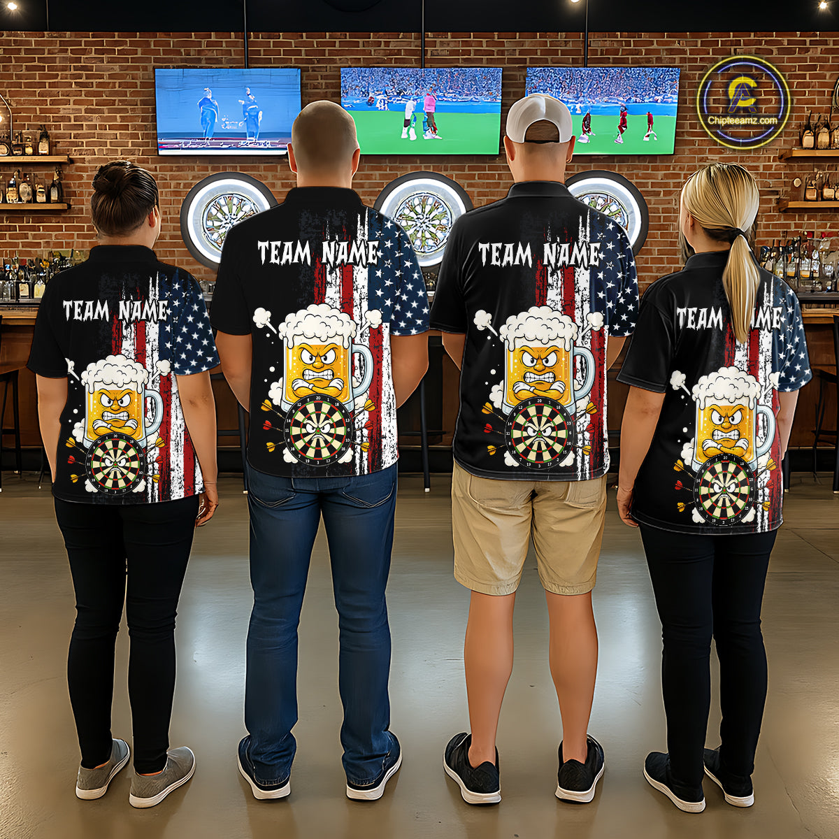 Four people wearing matching t-shirts with a team name design in a bar setting.