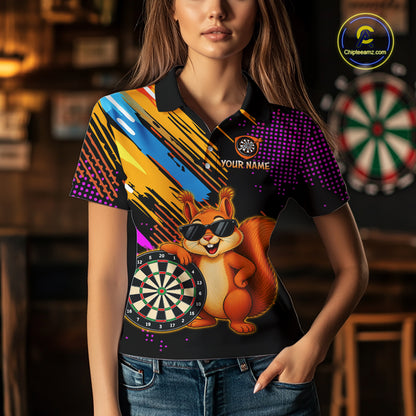 Person wearing a colorful polo shirt with a cartoon squirrel and dartboard design, set against a bar background.