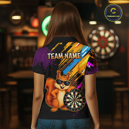 Person wearing a colorful shirt with a cartoon squirrel holding a dartboard in a bar setting.