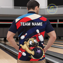 Load image into Gallery viewer, Man wearing a navy, red, and white bowling quarter zip featuring a cartoon pug holding a purple bowling ball, pins, and custom team name text.