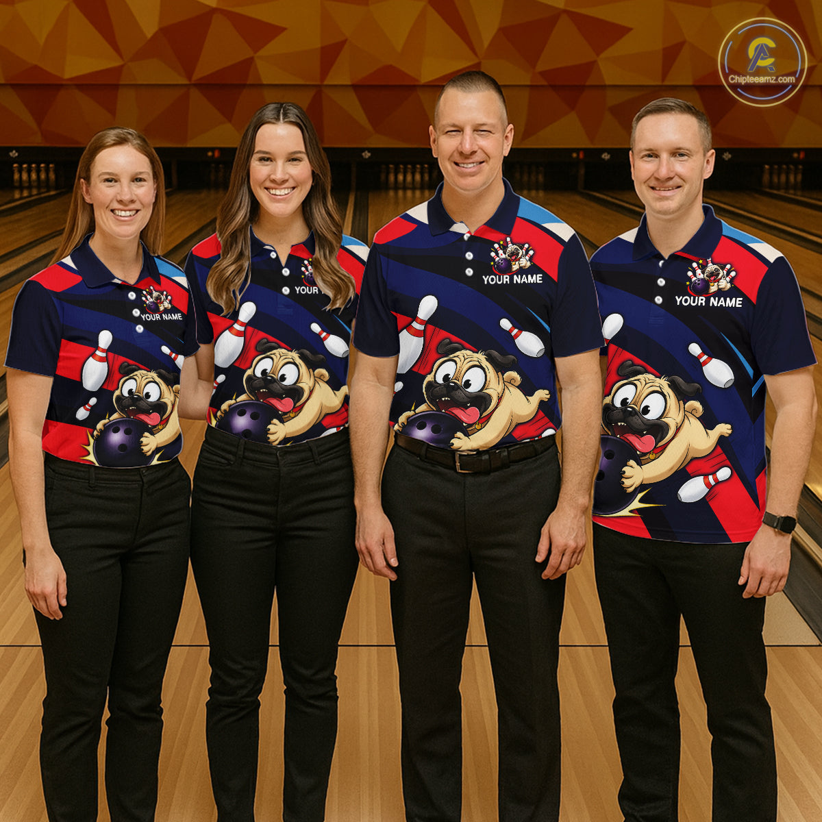 Four people wearing navy, red, and white bowling polo featuring a cartoon pug holding a purple bowling ball, pins, and custom team text.