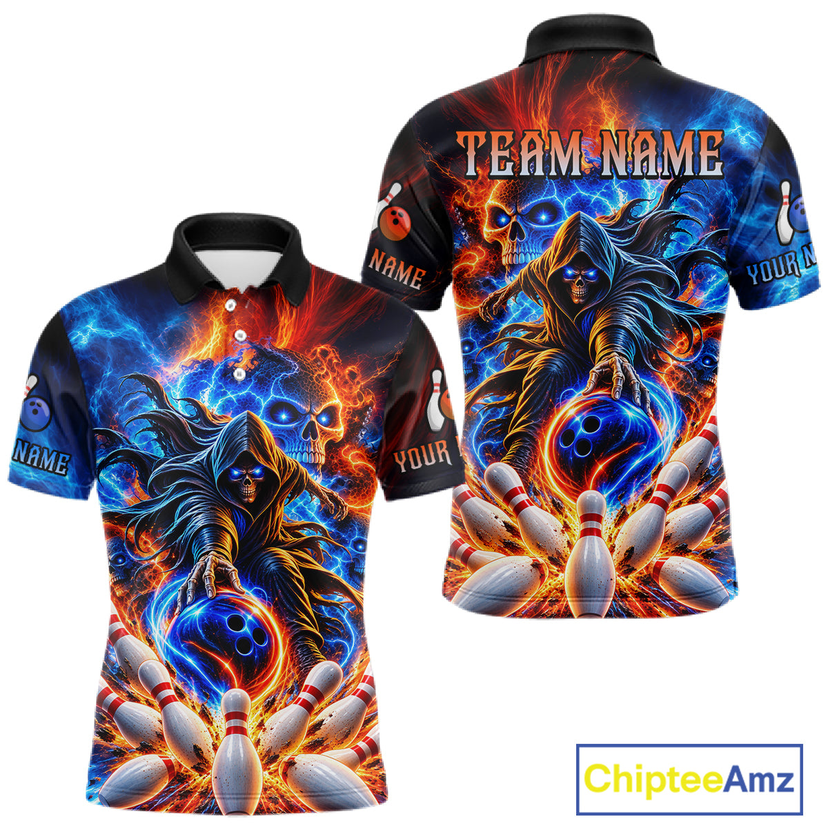 Custom Funny Flame Grim Reaper Bowling Jersey for Men Polo & 1/4 Zip Bowling Team Shirts HNT589