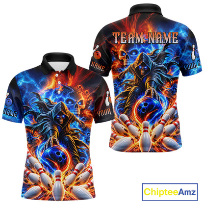 Custom Funny Flame Grim Reaper Bowling Jersey for Men Polo & 1/4 Zip Bowling Team Shirts HNT589