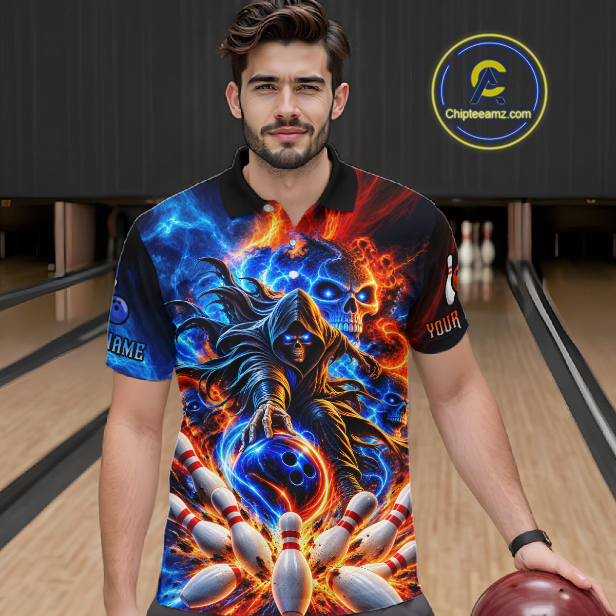 Custom Funny Flame Grim Reaper Bowling Jersey for Men Polo & 1/4 Zip Bowling Team Shirts HNT589