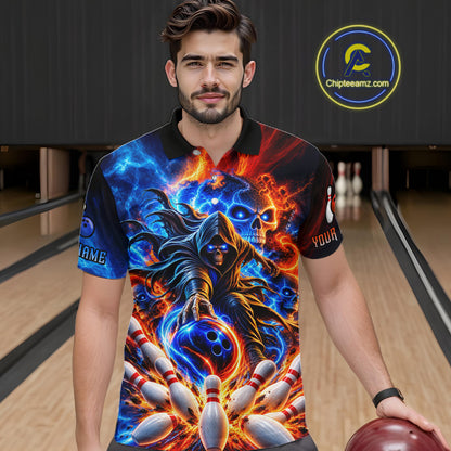 Custom Funny Flame Grim Reaper Bowling Jersey for Men Polo & 1/4 Zip Bowling Team Shirts HNT589