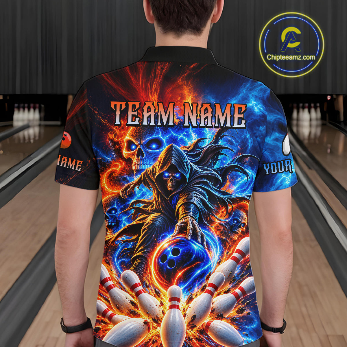 Custom Funny Flame Grim Reaper Bowling Jersey for Men Polo & 1/4 Zip Bowling Team Shirts HNT589