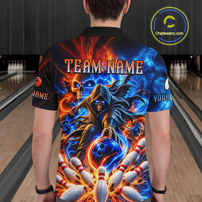 Custom Funny Flame Grim Reaper Bowling Jersey for Men Polo & 1/4 Zip Bowling Team Shirts HNT589