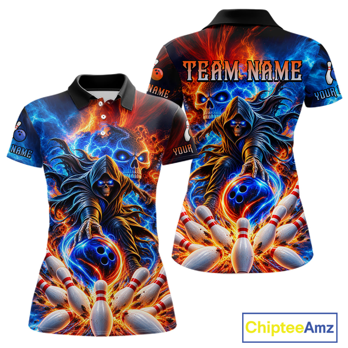 Custom Funny Flame Grim Reaper Bowling Jersey for Women Polo & 1/4 Zip Bowling Team Shirts HNT589