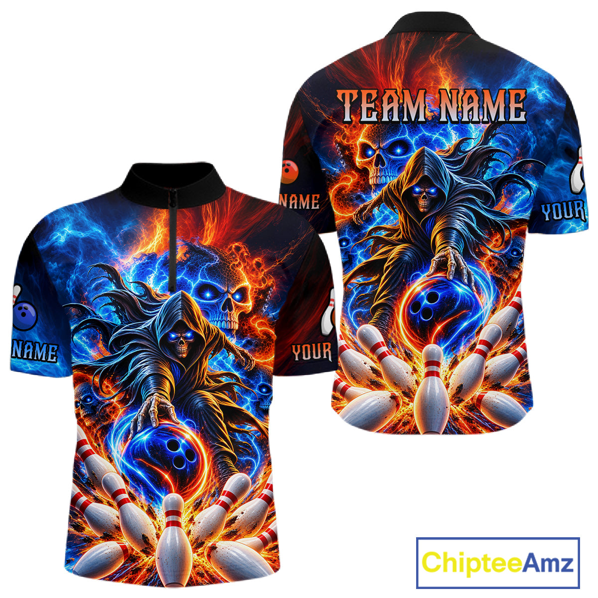 Custom Funny Flame Grim Reaper Bowling Jersey for Men Polo & 1/4 Zip Bowling Team Shirts HNT589