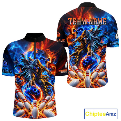 Custom Funny Flame Grim Reaper Bowling Jersey for Men Polo & 1/4 Zip Bowling Team Shirts HNT589