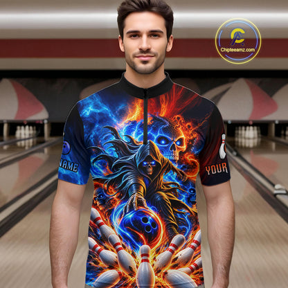 Custom Funny Flame Grim Reaper Bowling Jersey for Men Polo & 1/4 Zip Bowling Team Shirts HNT589
