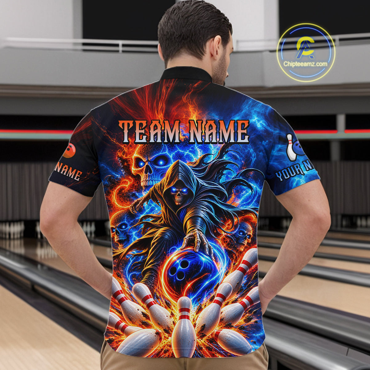 Custom Funny Flame Grim Reaper Bowling Jersey for Men Polo & 1/4 Zip Bowling Team Shirts HNT589