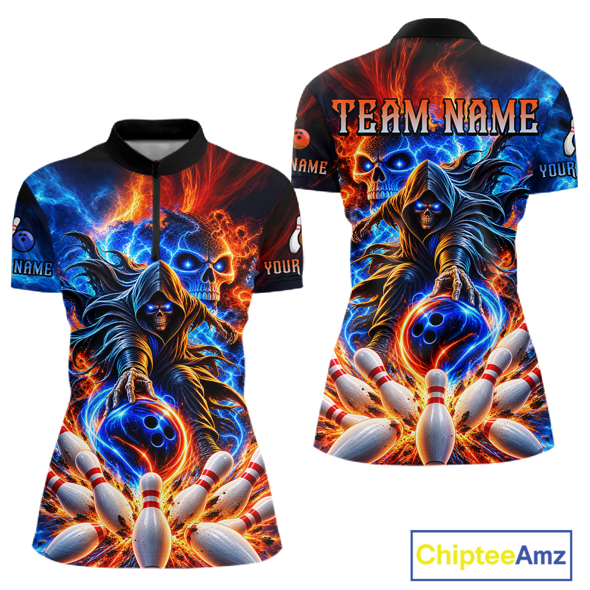 Custom Funny Flame Grim Reaper Bowling Jersey for Women Polo & 1/4 Zip Bowling Team Shirts HNT589