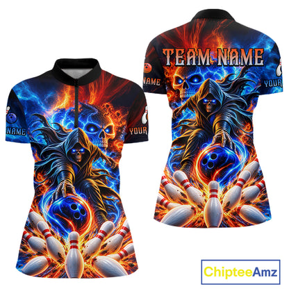 Custom Funny Flame Grim Reaper Bowling Jersey for Women Polo & 1/4 Zip Bowling Team Shirts HNT589