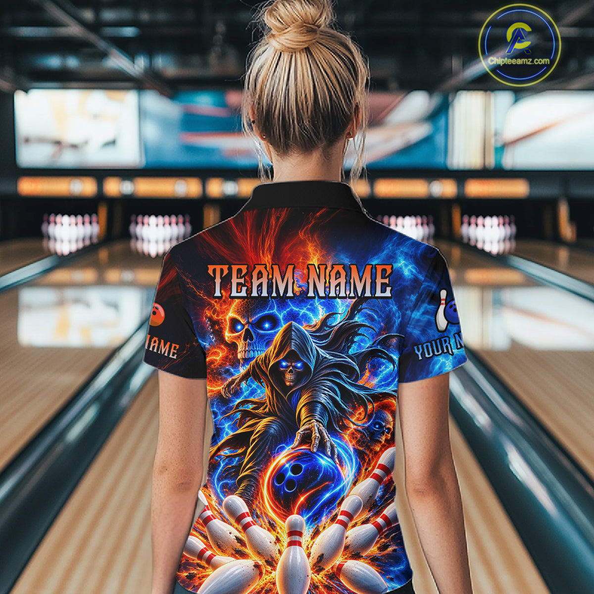 Custom Funny Flame Grim Reaper Bowling Jersey for Women Polo & 1/4 Zip Bowling Team Shirts HNT589