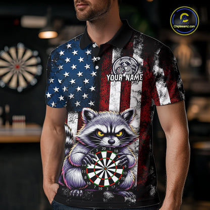Custom Funny Raccoon American Flag Dart Shirts for Men Darts Team Jersey Dart League Shirt NNT360