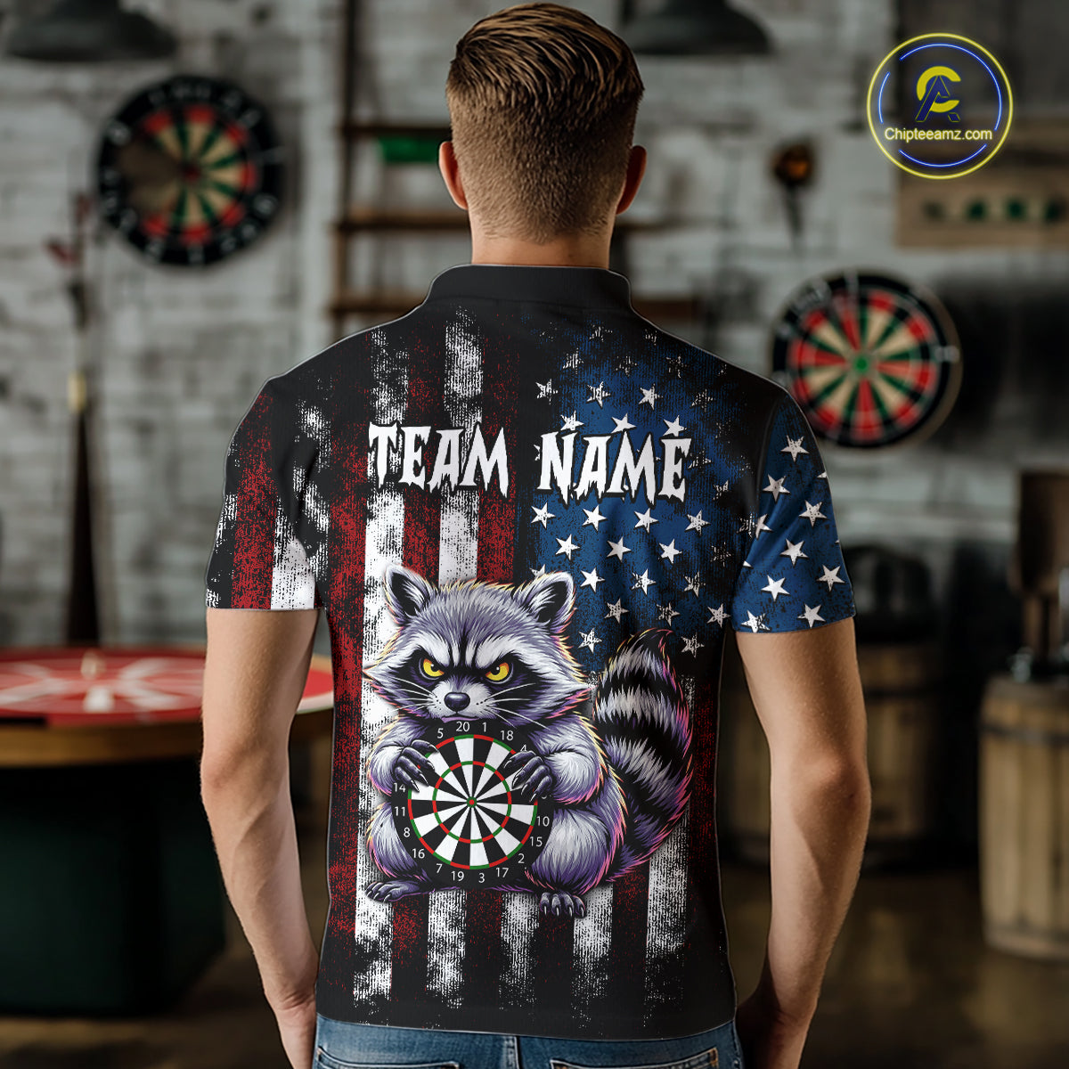 Custom Funny Raccoon American Flag Dart Shirts for Men Darts Team Jersey Dart League Shirt NNT360