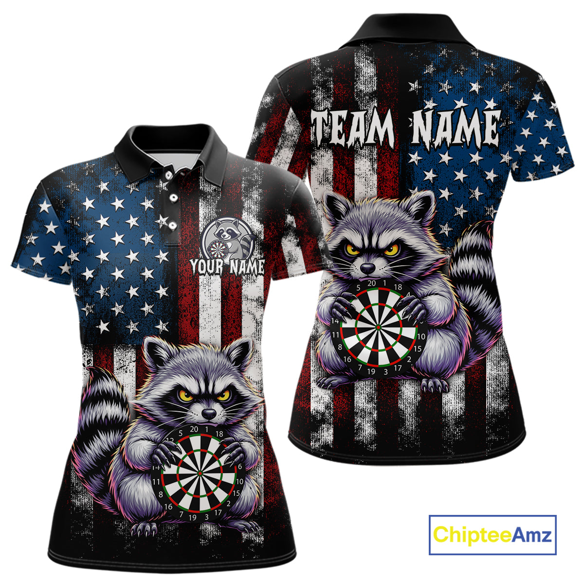 Custom Funny Raccoon American Flag Dart Shirts for Women Darts Team Jersey Dart League Shirt NNT360