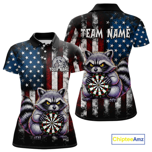 Custom Funny Raccoon American Flag Dart Shirts for Women Darts Team Jersey Dart League Shirt NNT360