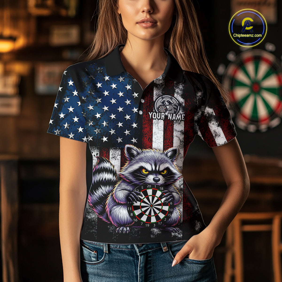 Custom Funny Raccoon American Flag Dart Shirts for Women Darts Team Jersey Dart League Shirt NNT360