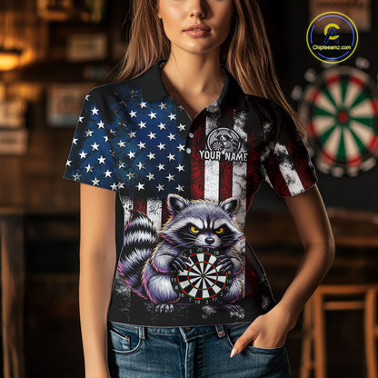 Custom Funny Raccoon American Flag Dart Shirts for Women Darts Team Jersey Dart League Shirt NNT360