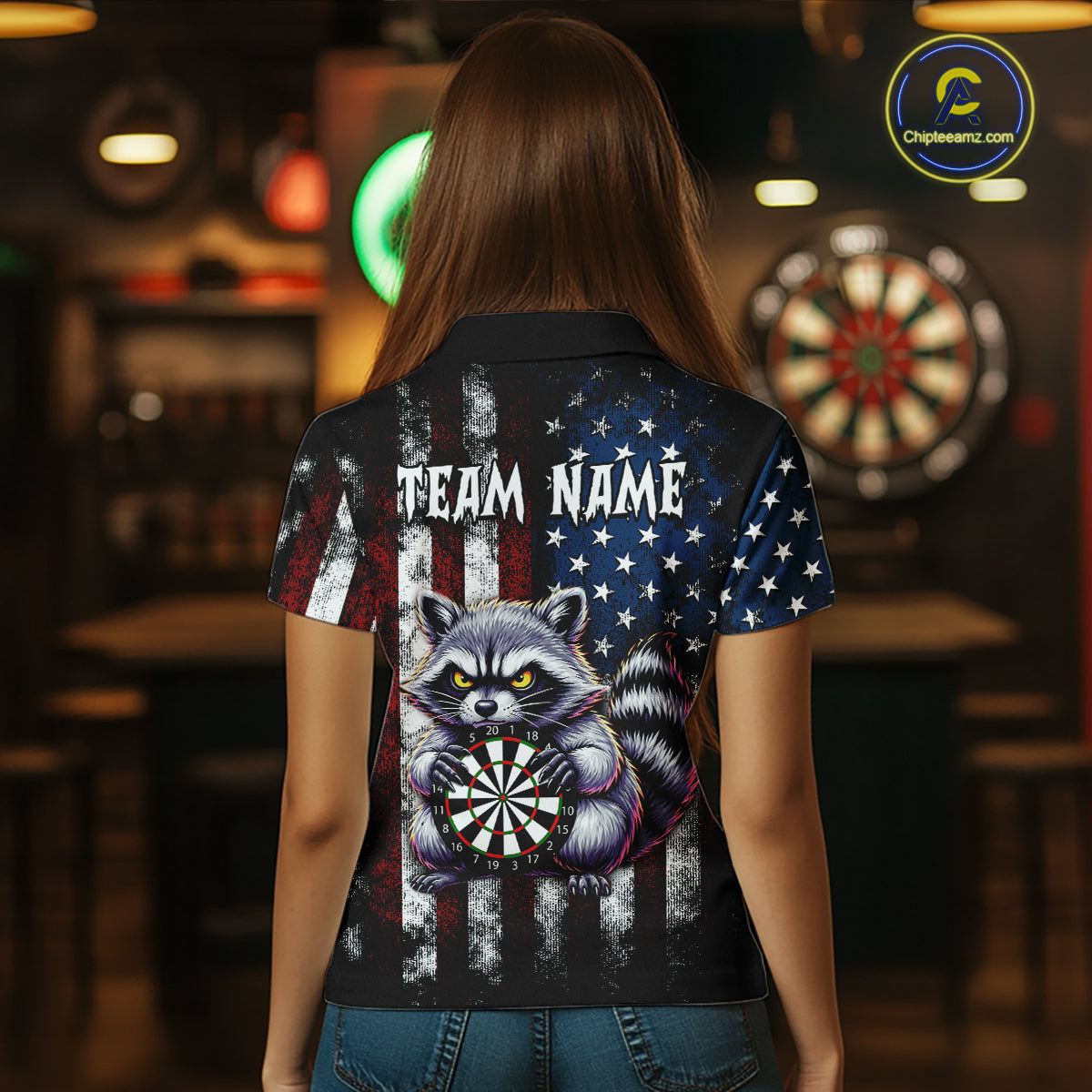 Custom Funny Raccoon American Flag Dart Shirts for Women Darts Team Jersey Dart League Shirt NNT360