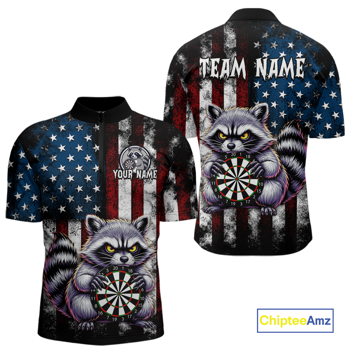 Custom Funny Raccoon American Flag Dart Shirts for Men Darts Team Jersey Dart League Shirt NNT360