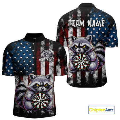Custom Funny Raccoon American Flag Dart Shirts for Men Darts Team Jersey Dart League Shirt NNT360