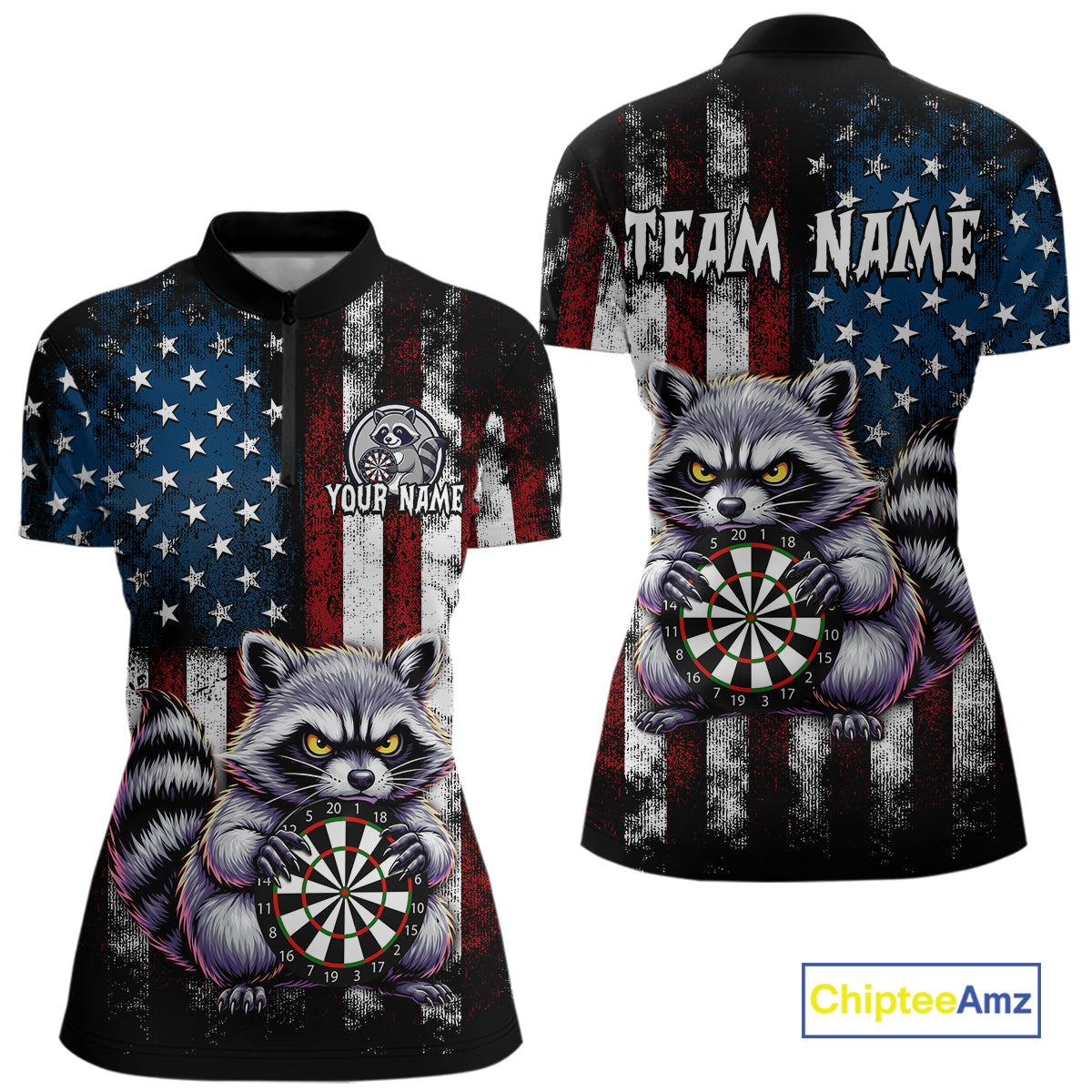 Custom Funny Raccoon American Flag Dart Shirts for Women Darts Team Jersey Dart League Shirt NNT360