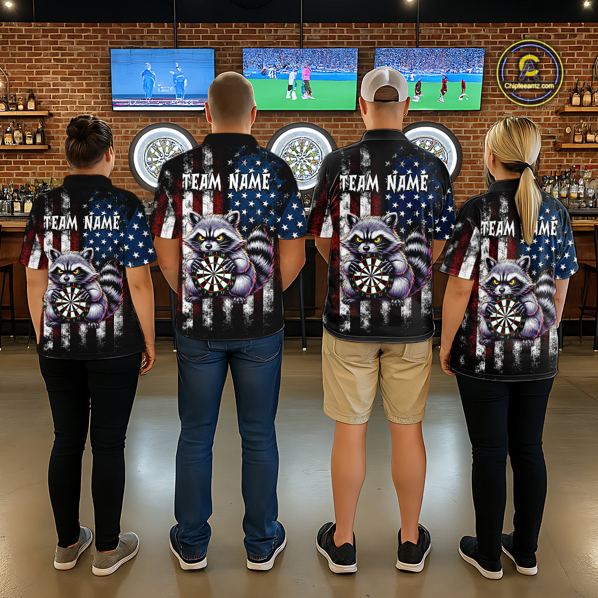 Custom Funny Raccoon American Flag Dart Shirts for Men Darts Team Jersey Dart League Shirt NNT360