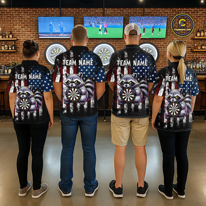 Custom Funny Raccoon American Flag Dart Shirts for Men Darts Team Jersey Dart League Shirt NNT360