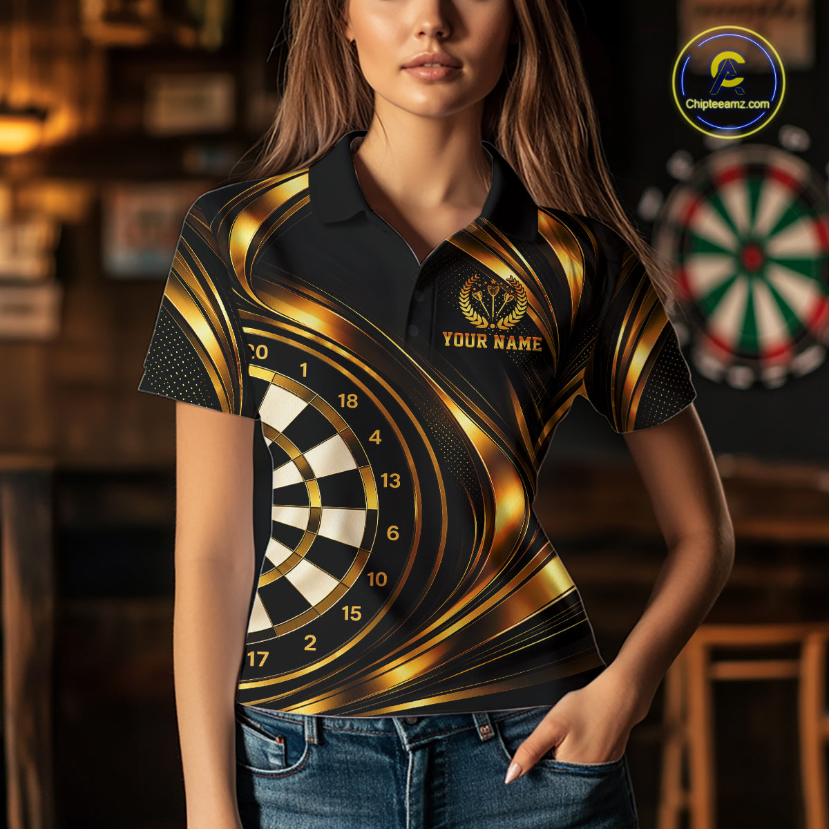 Custom Black and Gold Darts Team Jersey Dart Shirts for Women Dart League Shirt Polo & 1/4Zip NNT361